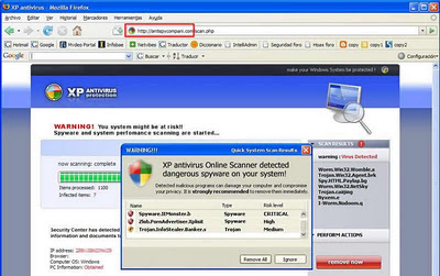 Página fraudulenta de XP Antivirus Página fraudulenta