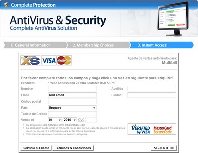 Sistema de pago para adquirir el programa fraudulento compra del antivirus falso