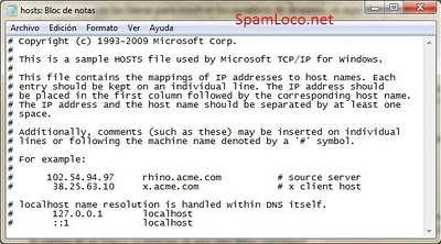 Archivo hosts por defecto de Windows 7 archivo hosts