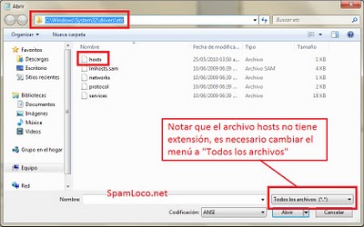 Menú Abrir en el bloc de notas abrir hosts windows vista 7