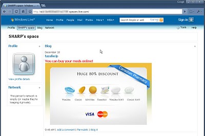 Blog en Windows Live Spaces con enlace a una farmacia falsa online blog farmacia fraude