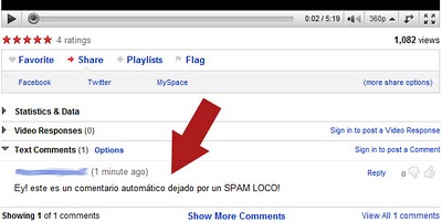 Comentario dejado en YouTube por la herramienta comentario bot