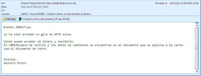 Correo falso que simula ser enviado por Western Union correo falso wester
