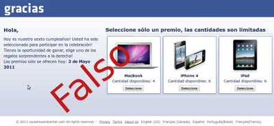 Página fraudulenta que ofrece premios falsos sitio-falso-facebook