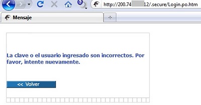 Error falso que redirecciona a la página real de Visa error visa argentina phishing