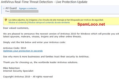 Correo que promociona una falso antivirus correo falso antivirus