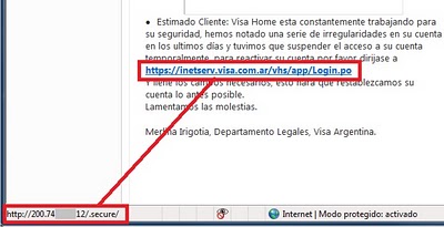 Correo falso que simula ser enviado por Visa Argentina visa argentina phishing